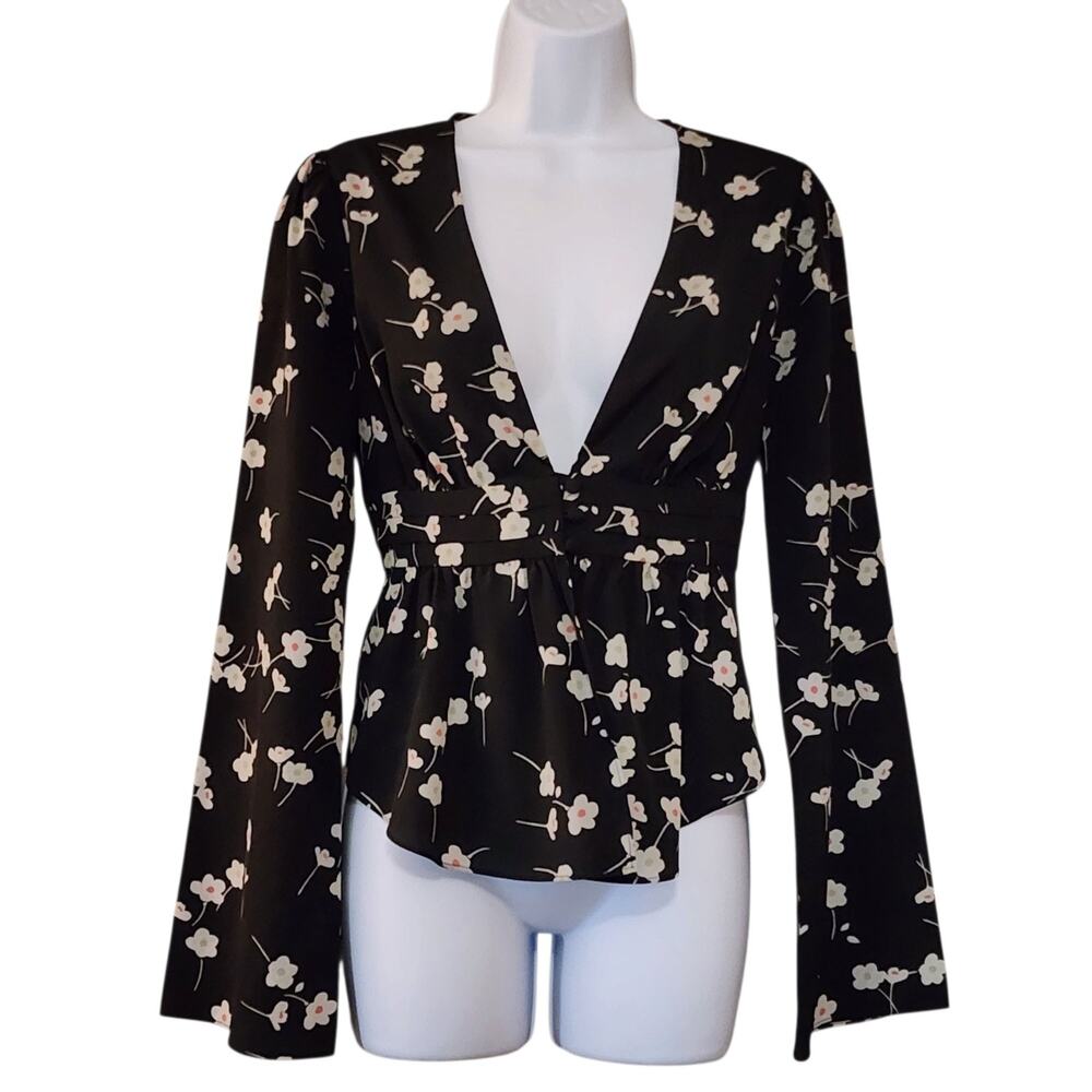 BCBGeneration Womens Blouse Size S Black Floral Flared Sleeve Button V-Neck Top